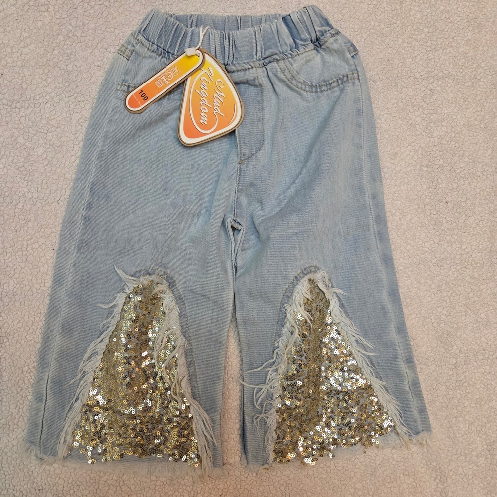 Mud Kingdom Girls Light Wash Sequin Knee Wide Leg Jeans Blue Denim Size 3T-4T